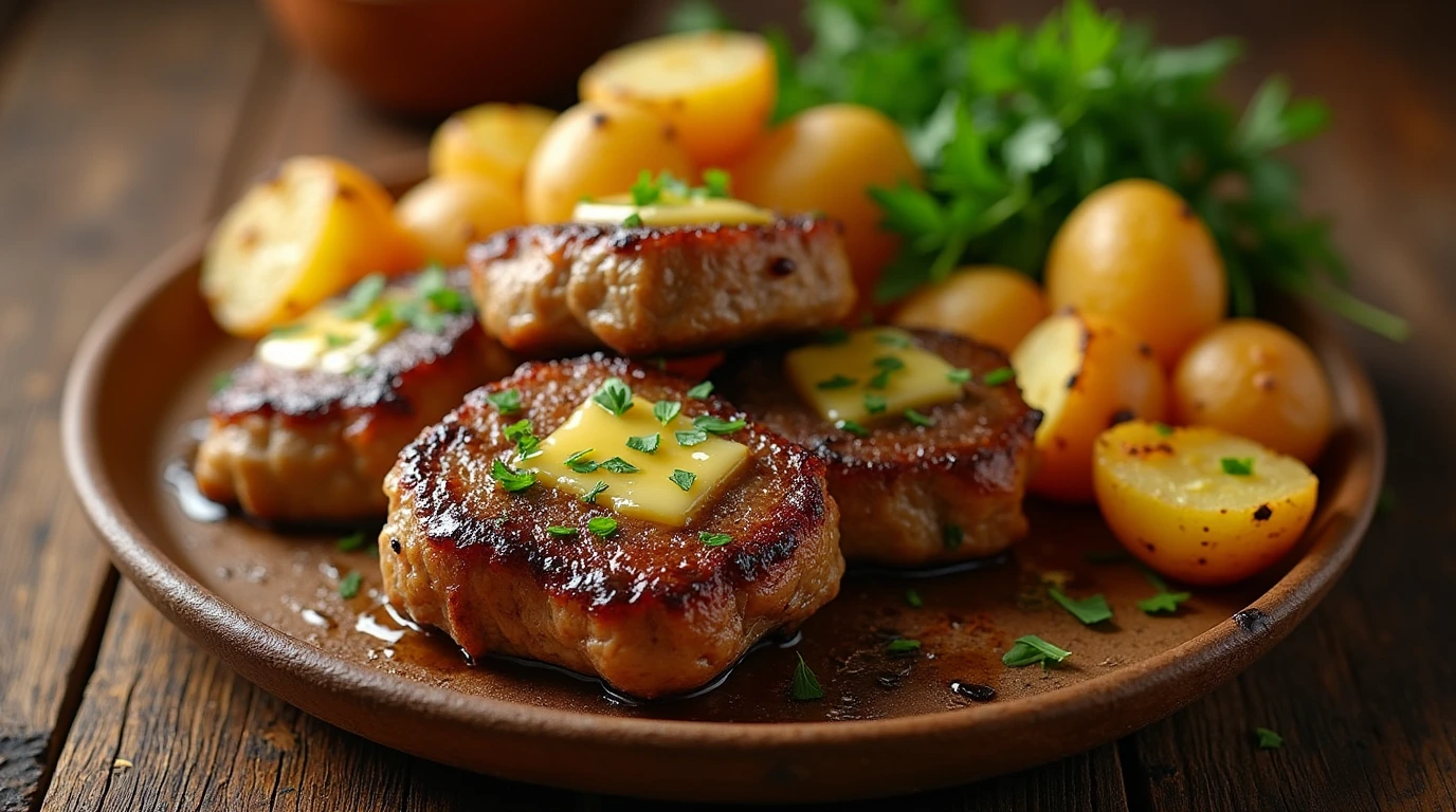 garlic butter steak bites and potatoes